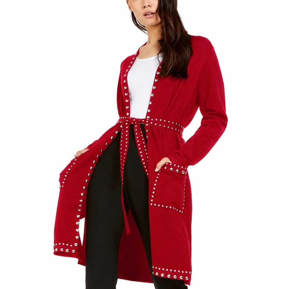 NWT INC Red Studded Completer Belted Cardigan Duster XS Holiday Office Midi